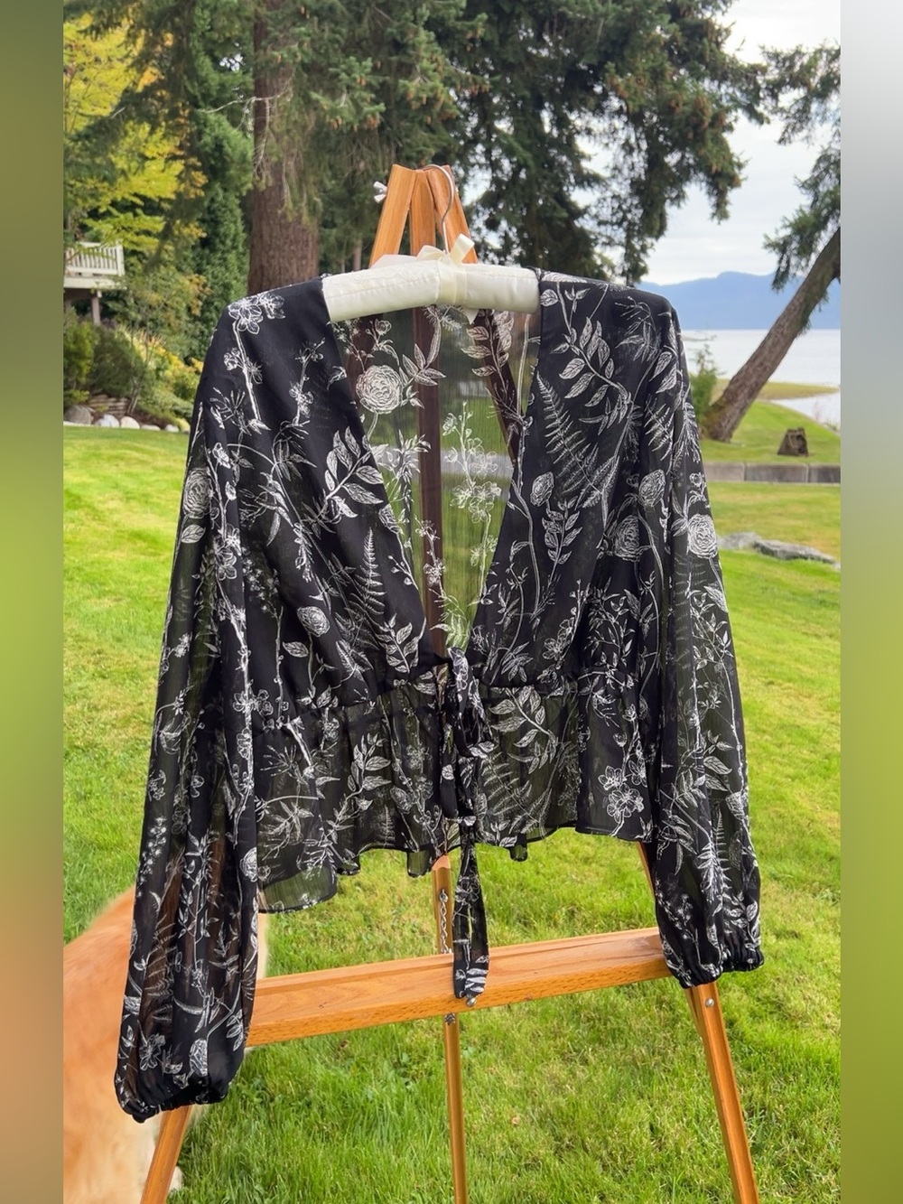 Dynamite Black & White Floral Tie Front Blouse Size M